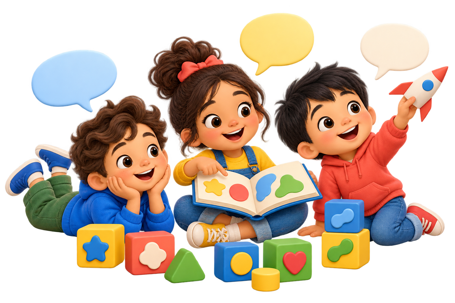 Ilustración de niños aprendiendo mediante el juego, los libros y la comunicación